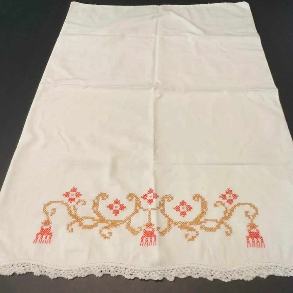 Vintage Pillowcase White Handmade Orange Embroidered Cross Stitch Lace Cottage